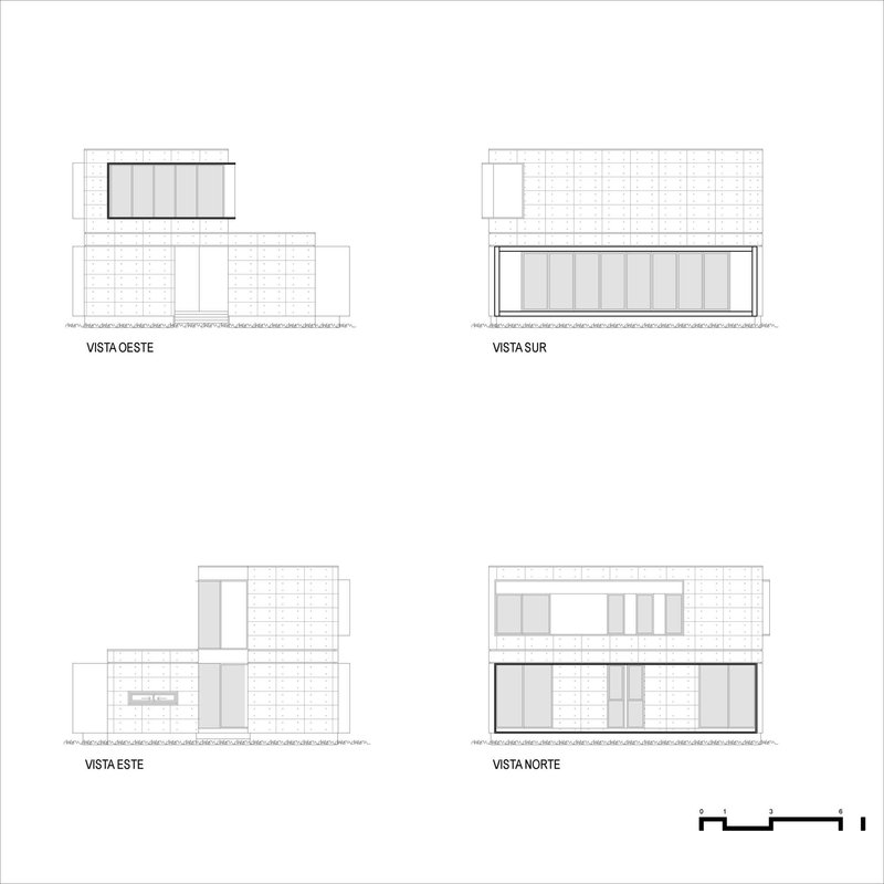 Elevation drawings of four facades displaying window patterns and material configurations