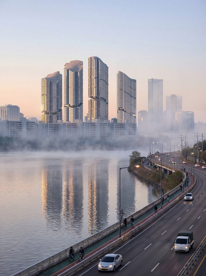 Cluster of vertical towers with alternating glass and solid facades reflected in still water at sunrise