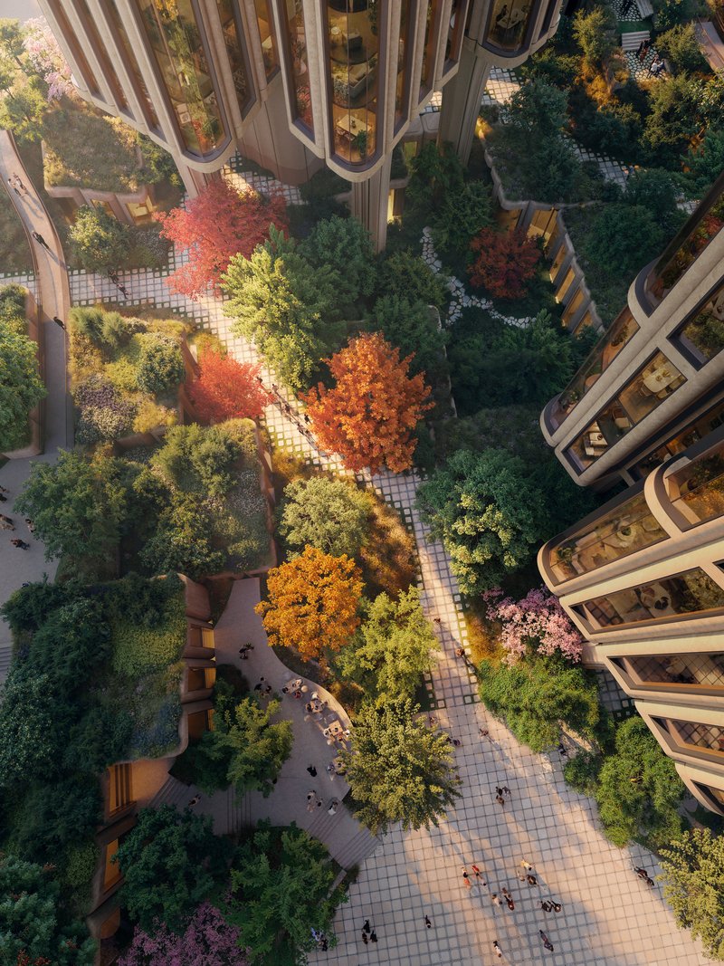 Aerial view of pedestrian pathways through landscaped courtyard with autumn foliage between tower bases