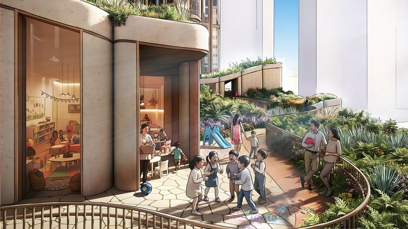 Curving outdoor deck with wooden slats and planted edges, children playing beneath glass-fronted residential units