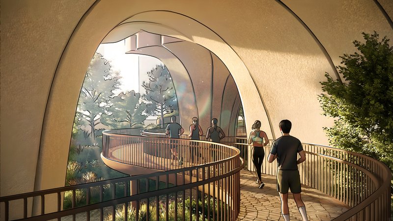 Curved walkway with timber handrails passing through arched openings, joggers moving through dappled daylight