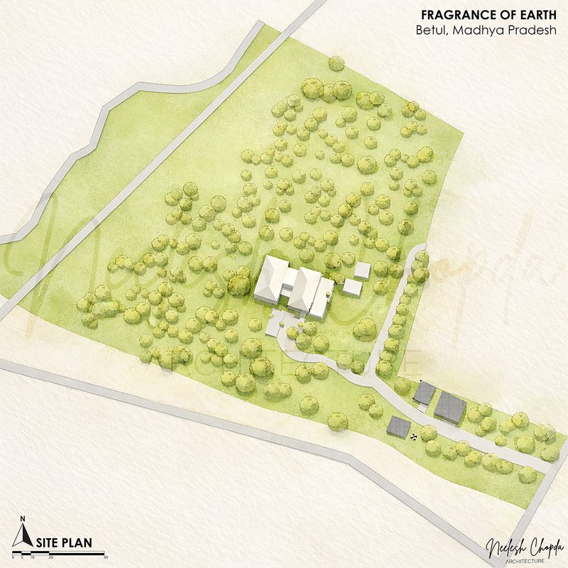 Site plan drawing showing the house within a densely planted landscape adjacent to winding roads