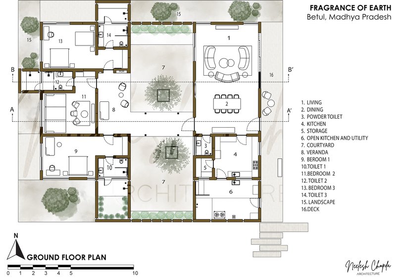 Ground floor plan drawing showing living and dining spaces organized around two interior courtyards