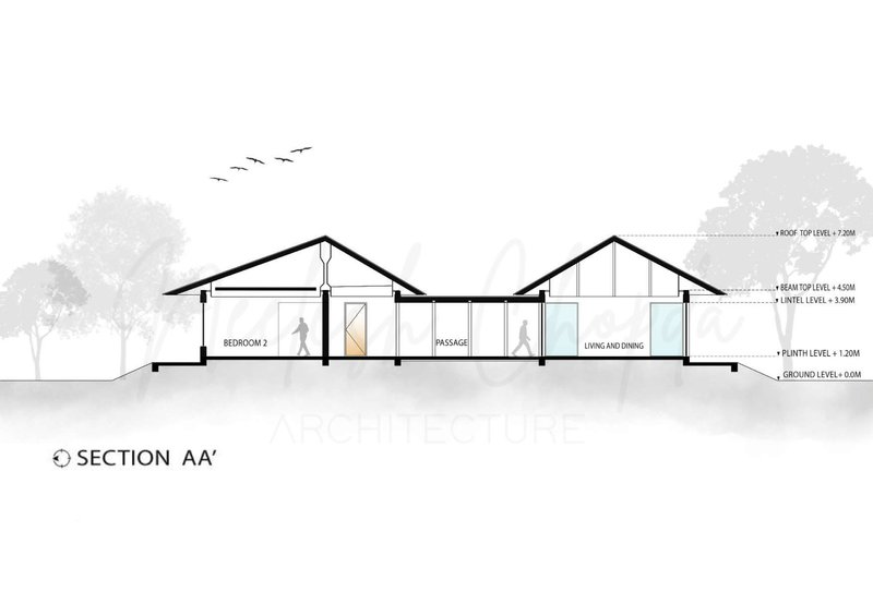 Section drawing showing pitched roof volumes connected by a breezeway with silhouetted figures and trees