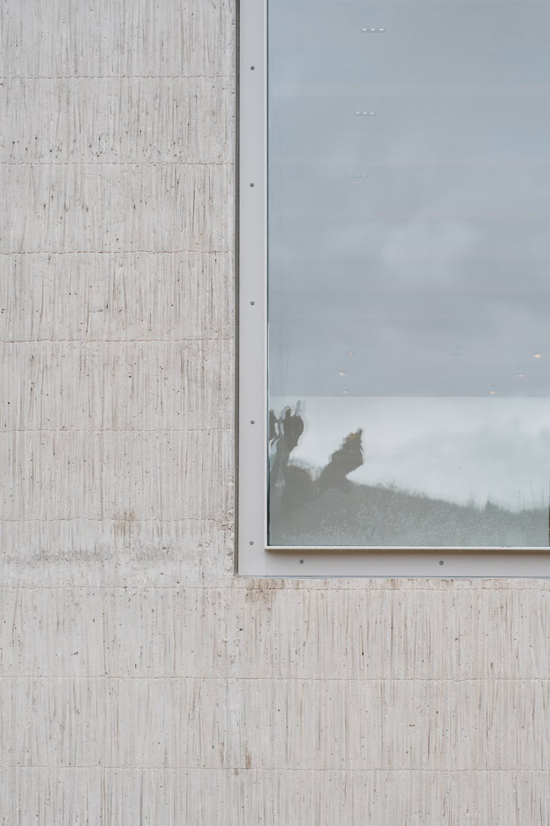 Detail of board-formed concrete wall meeting a metal-framed window reflecting trees and overcast sky