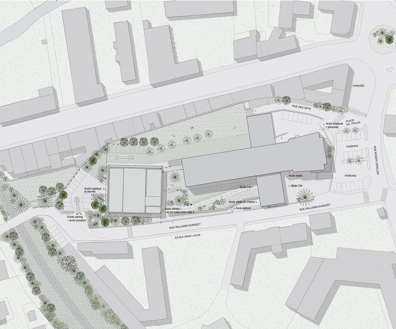 Site plan drawing showing building footprints, courtyard spaces, parking areas and landscape planting zones