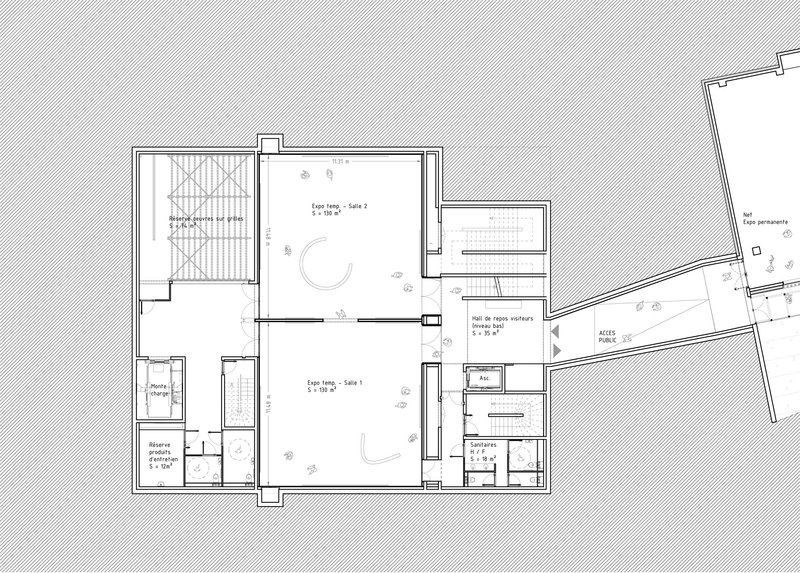 Floor plan drawing showing two large living spaces flanking a central corridor with service rooms