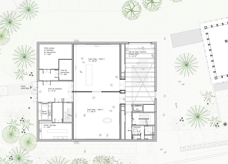 Floor plan drawing with landscape elements indicating living spaces and outdoor terraces surrounded by trees