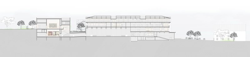 Section drawing showing the horizontal building volume with clerestory windows amid trees and sloping terrain