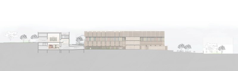 Section drawing revealing interior floor levels and the striped facade composition with adjacent structures
