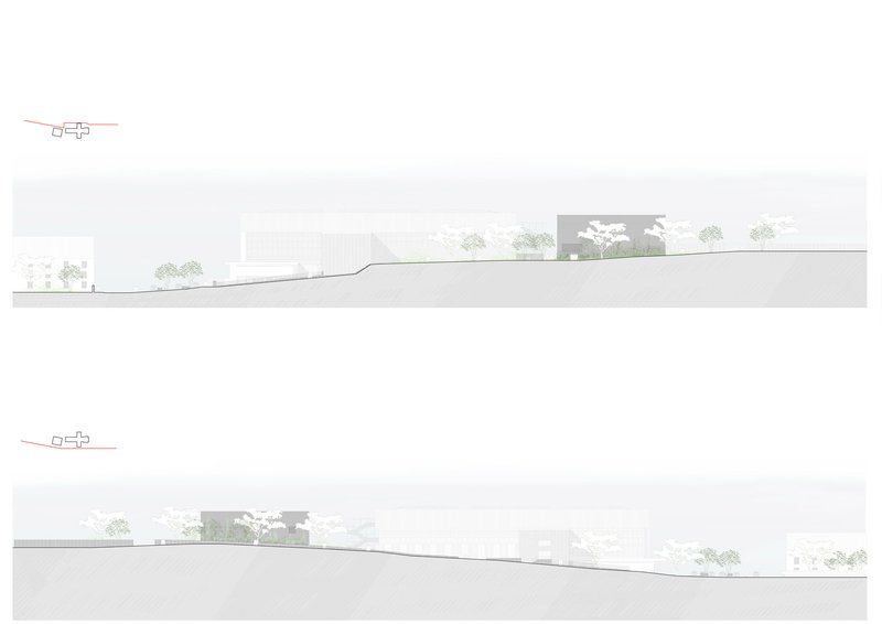 Two section drawings illustrating the building embedded into the landscape with surrounding vegetation