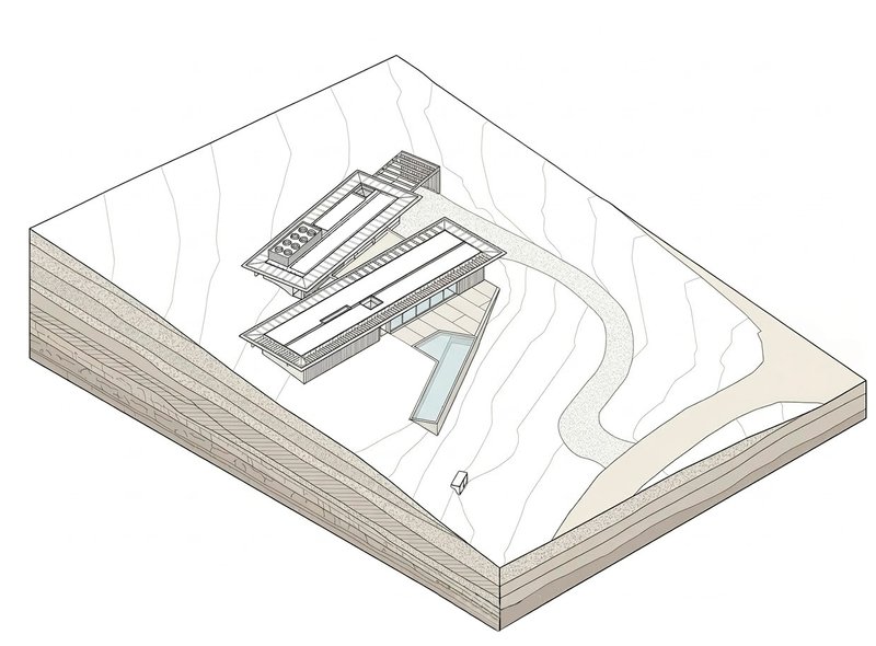 Isometric site drawing showing two bar-shaped volumes nestled into sloping contoured terrain
