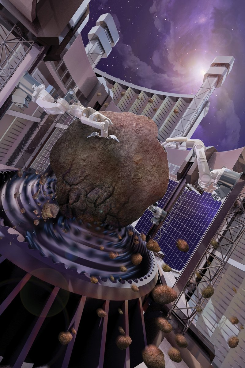 Advanced robotic systems process asteroids within the mining core, transforming raw materials into usable resources for Earth and space.
