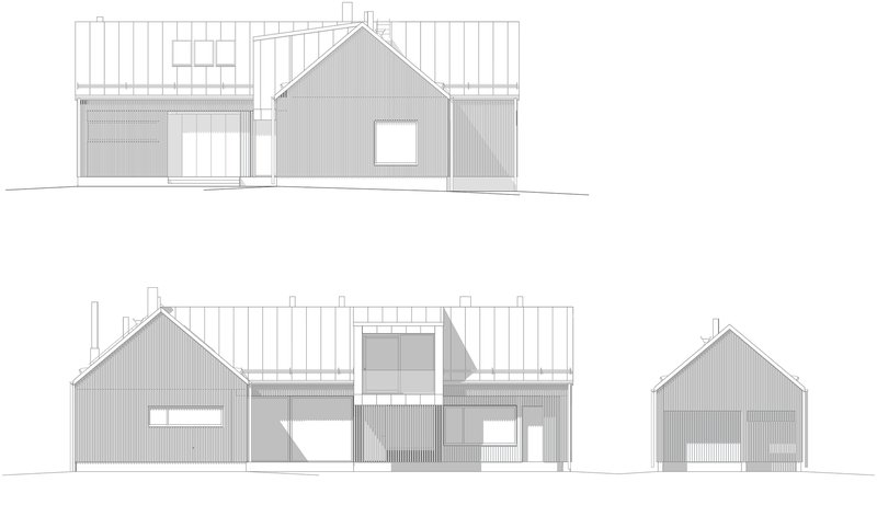 Elevation drawings showing gabled timber volumes with vertical cladding and varied roof pitches