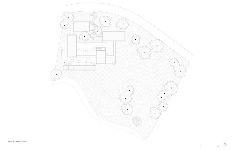 Site plan drawing showing the residence footprint surrounded by existing tree canopies