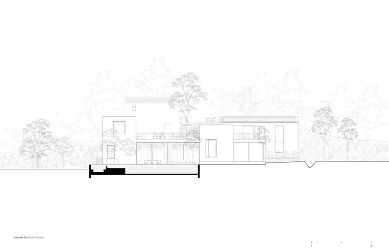 South elevation drawing with concrete volumes and glazing shown against surrounding trees