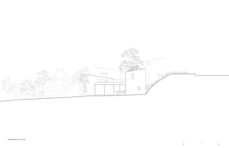 Elevation drawing of the east facade showing cubic volumes rising from sloping ground with surrounding vegetation