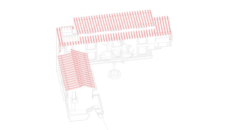 Axonometric drawing highlighting pitched roof volumes surrounding a central courtyard with fountain