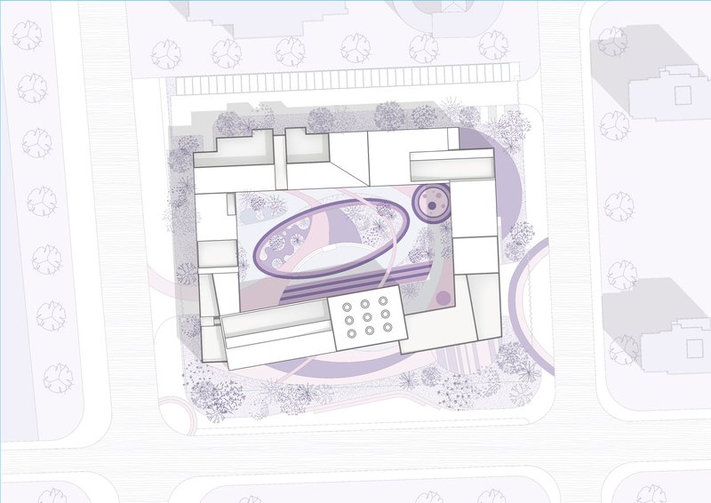 Site plan drawing showing oval courtyard with surrounding building blocks and trees in purple tones