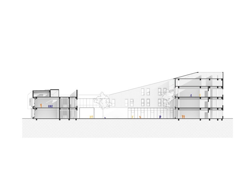 Section drawing through the courtyard showing two flanking multi-story wings with figure silhouettes and trees between