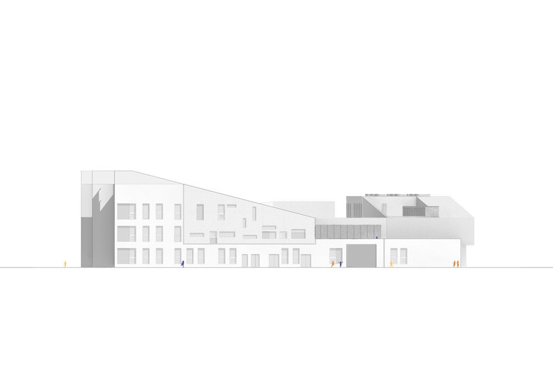 Elevation drawing showing the sloped roof line descending across the assembled volumes with pedestrian figures below