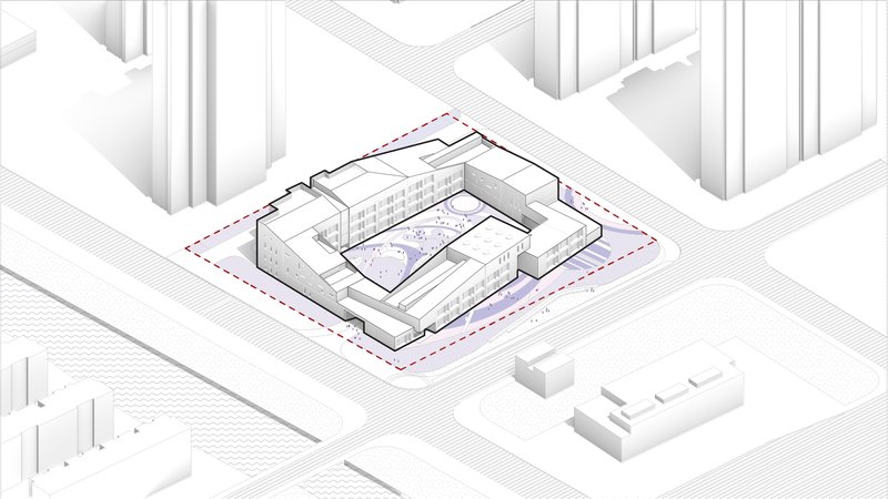 Axonometric cutaway drawing revealing interior corridors and a central courtyard within the perimeter block