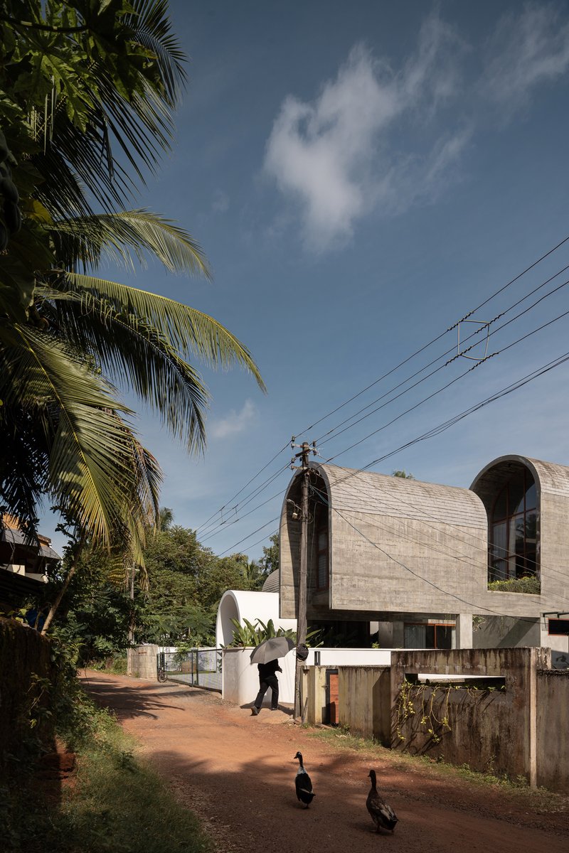 Street view of the curved concrete vaulted roof with palm trees and two ducks in the foreground