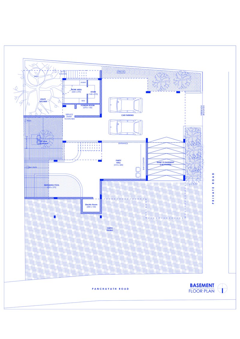 Basement floor plan drawing showing car parking, service areas, and circulation with patterned hatching