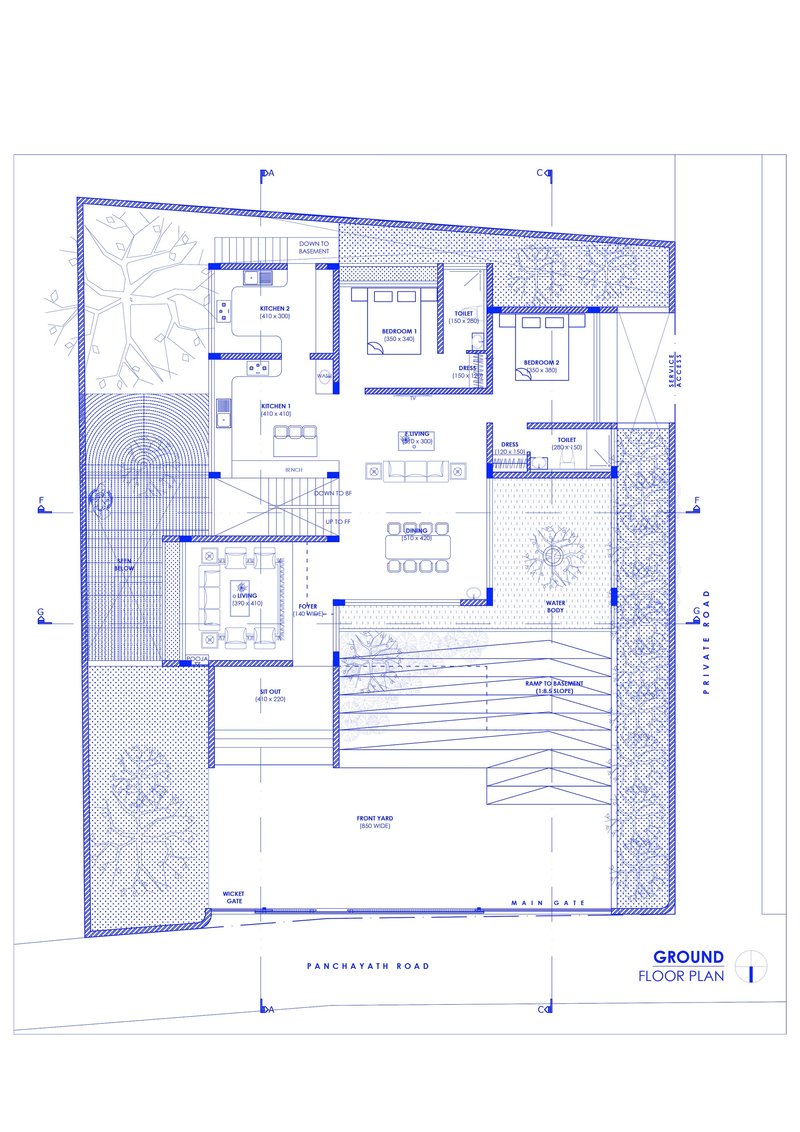 Ground floor plan drawing showing living spaces, courtyard, and terraced platforms arranged around central circulation