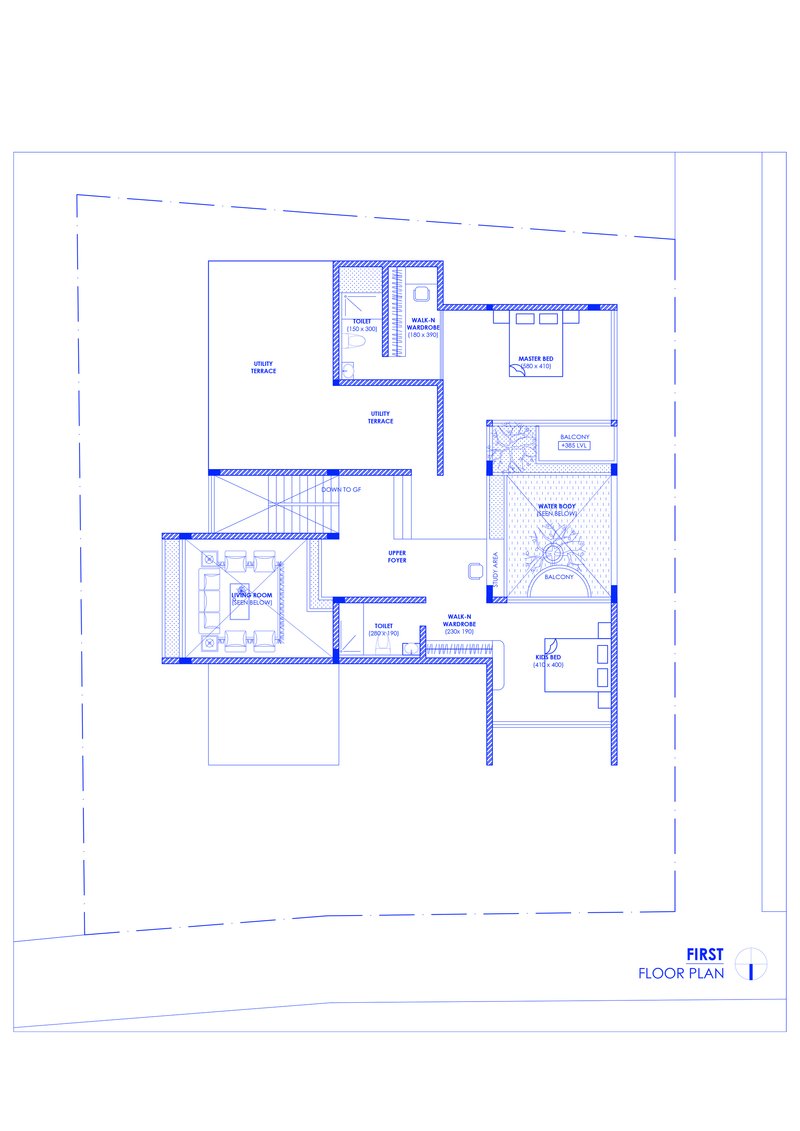 First floor plan drawing showing bedroom wing, roof terraces, and open balcony areas with hatched infill