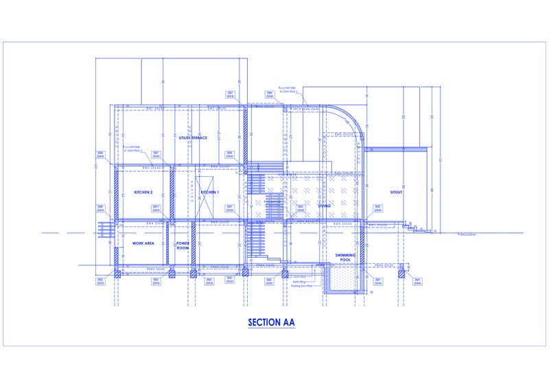 Section drawing showing work areas, kitchen, living space, and staircase arrangement across multiple levels