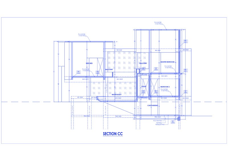 Section drawing depicting bedrooms, balcony, and bathroom layout with roof structure above