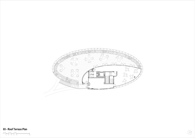 Roof terrace plan drawing showing oval deck with scattered seating clusters and central service core