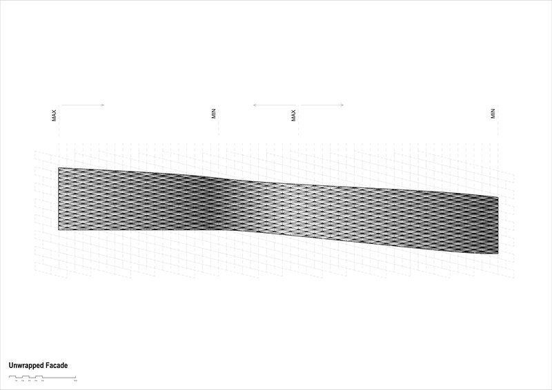 Axonometric drawing of the unwrapped facade showing the woven panel pattern across the curved surface