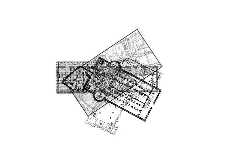 Composite plan drawing overlaying multiple floors with columned halls and curving interior walls