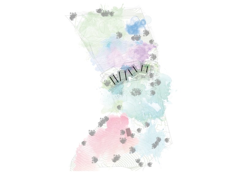 Site plan drawing showing buildings rendered in watercolor with contour lines and scattered tree symbols