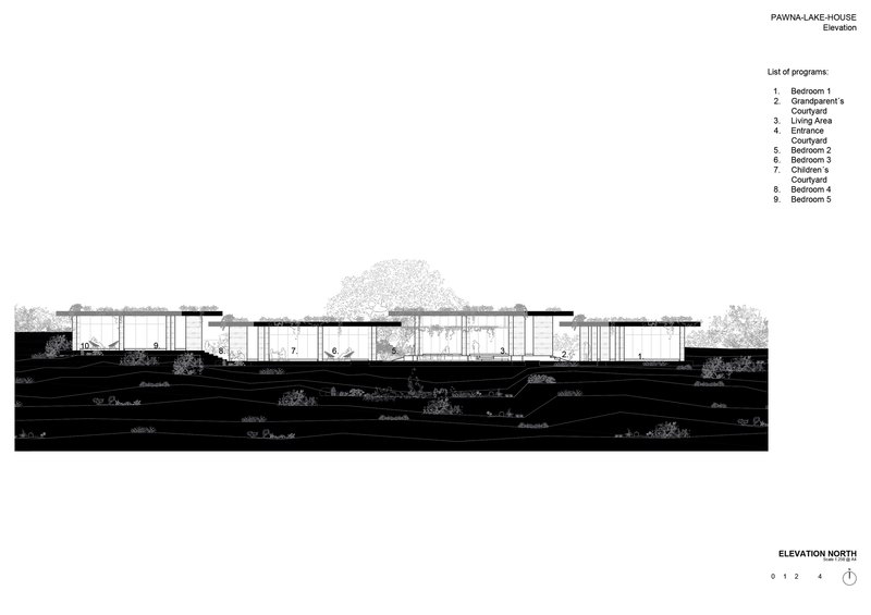 Elevation drawing depicting horizontal volumes with flat roofs nestled into sloping terrain with trees