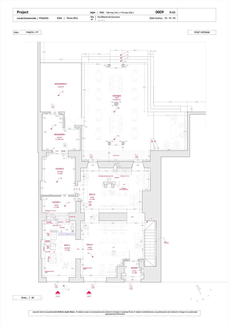Floor plan drawing showing a multi-room layout with kitchen, storage areas and circulation spaces
