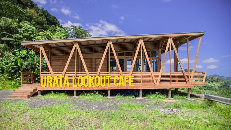 Elevated timber pavilion with A-frame diagonal bracing and horizontal slatted screens on a grassy hillside