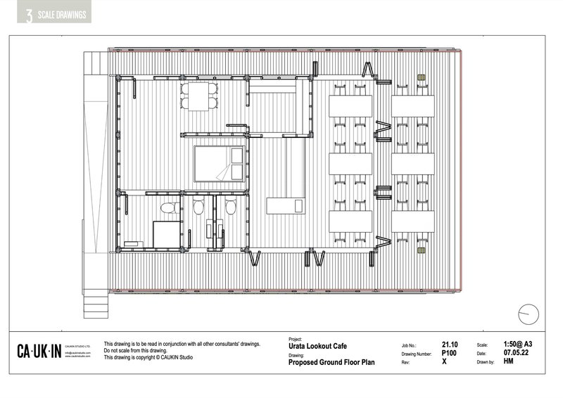 Ground floor plan drawing showing rectangular structure with dining area and service spaces