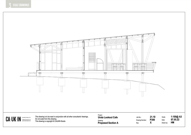 Section drawing showing sloped roof supported by columns on elevated foundation