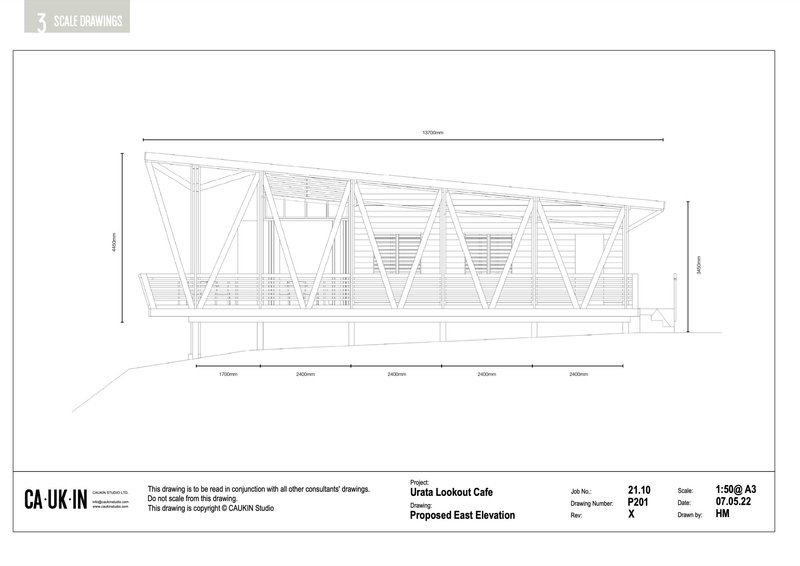 East elevation drawing showing triangular bracing and horizontal slats across the full length