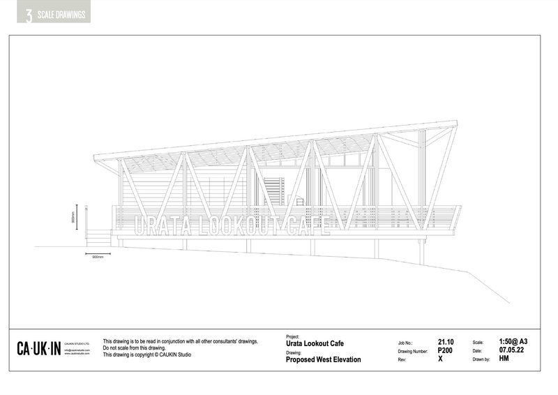 West elevation drawing showing exposed structural frame with triangular bracing and elevated floor plate