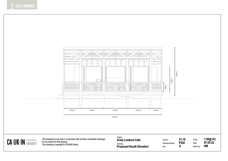 South elevation drawing showing symmetrical glazed facade with patterned balustrade below and dimensional annotations