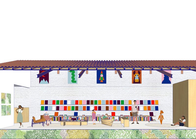Section rendering of a white-painted interior with colorful banners, bookshelves, and children at low tables