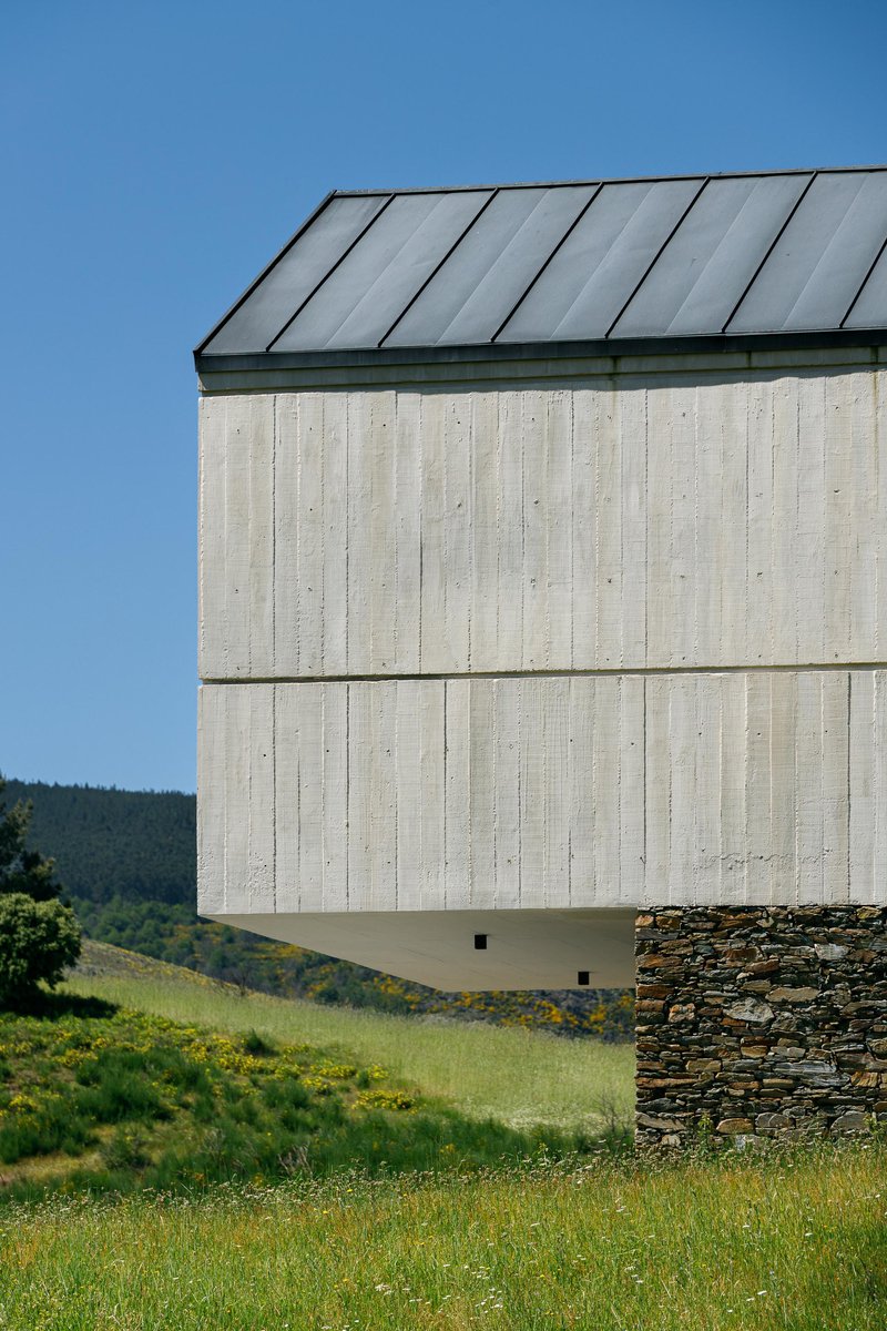 Cantilevered concrete volume with standing seam metal roof above stone base in sloping meadow