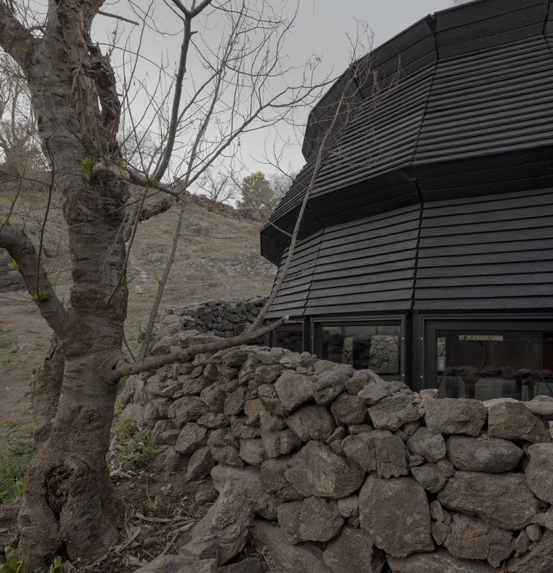 Charred timber cladding meets a dry-stacked stone wall beside a bare tree in late winter