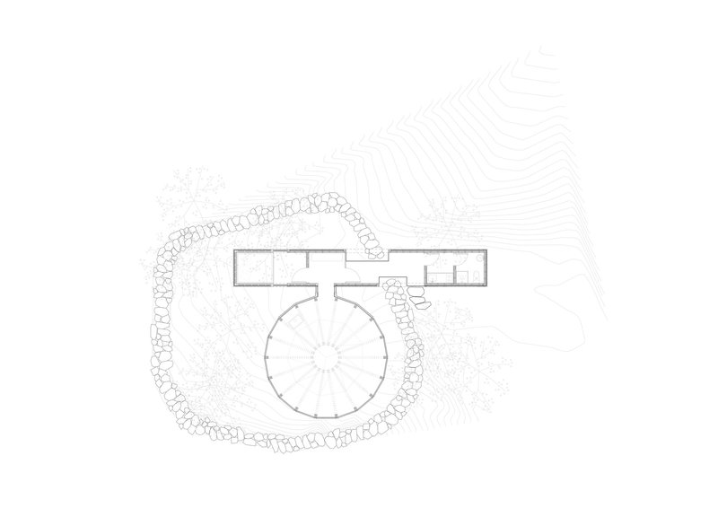 Site plan drawing showing circular pavilion with radiating roof structure linked to rectangular wing by stone wall