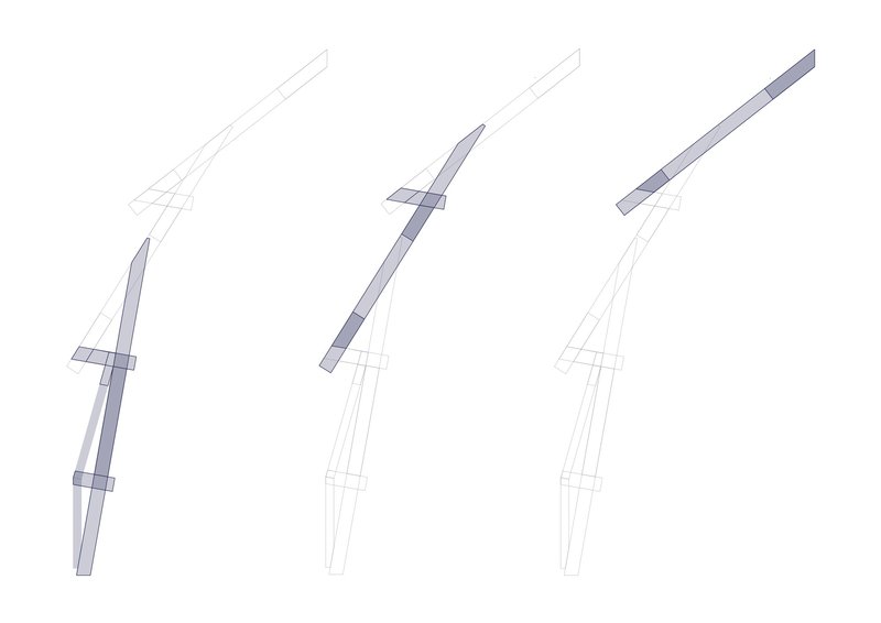 Diagram showing three variations of the angled timber roof truss assembly and connection details