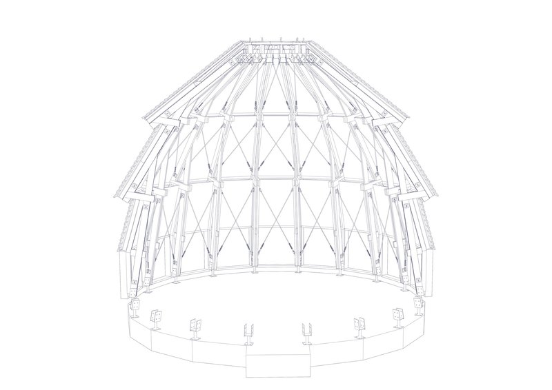 Axonometric drawing revealing the layered triangulated timber frame structure supporting the conical roof